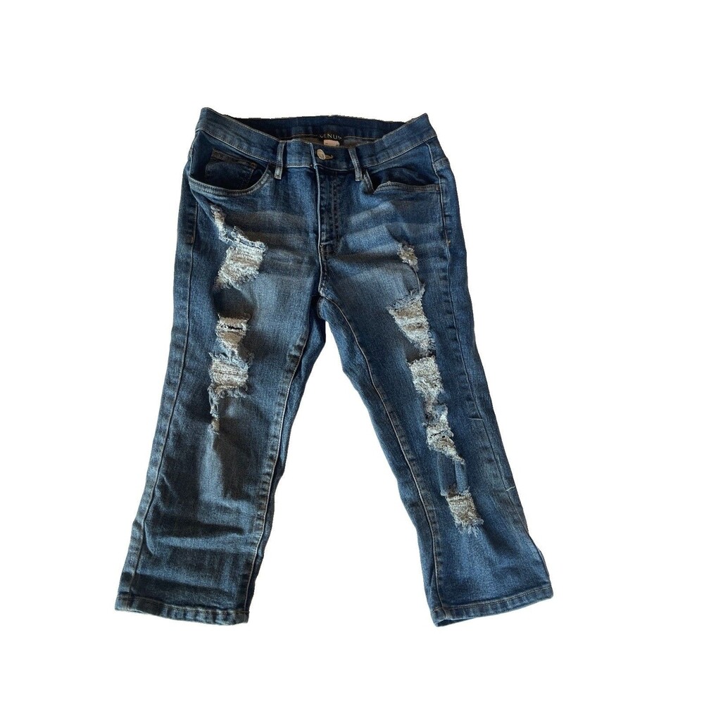 Venus Womens Distressed Cropped Jeans Medium Wash Ripped Capri Denim Size 6